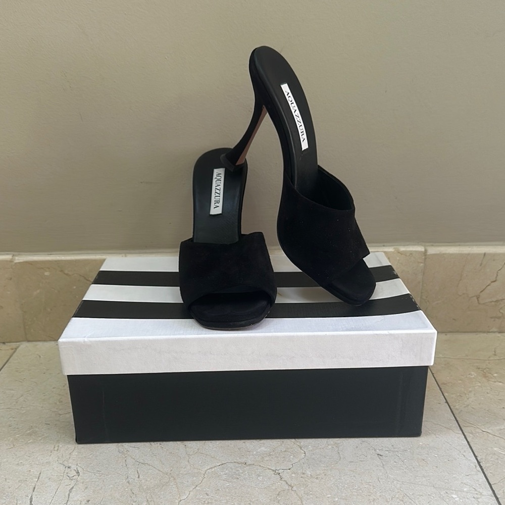 Aquazzura Black Suede Open-Toe Mule Heels